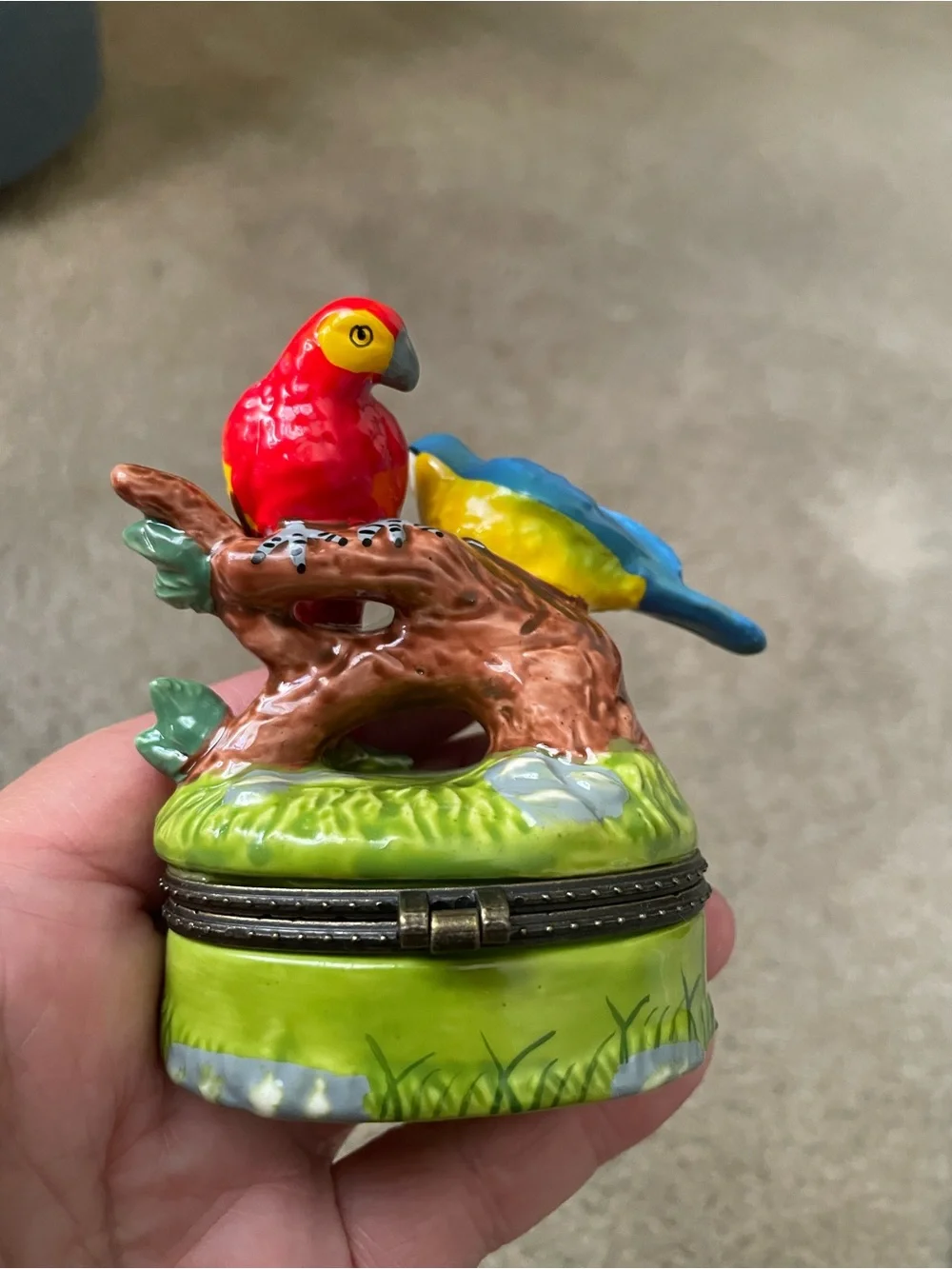 Colorful Ceramic Parrot Jewelry Trinket Box - with Baby Parrot. 🦜